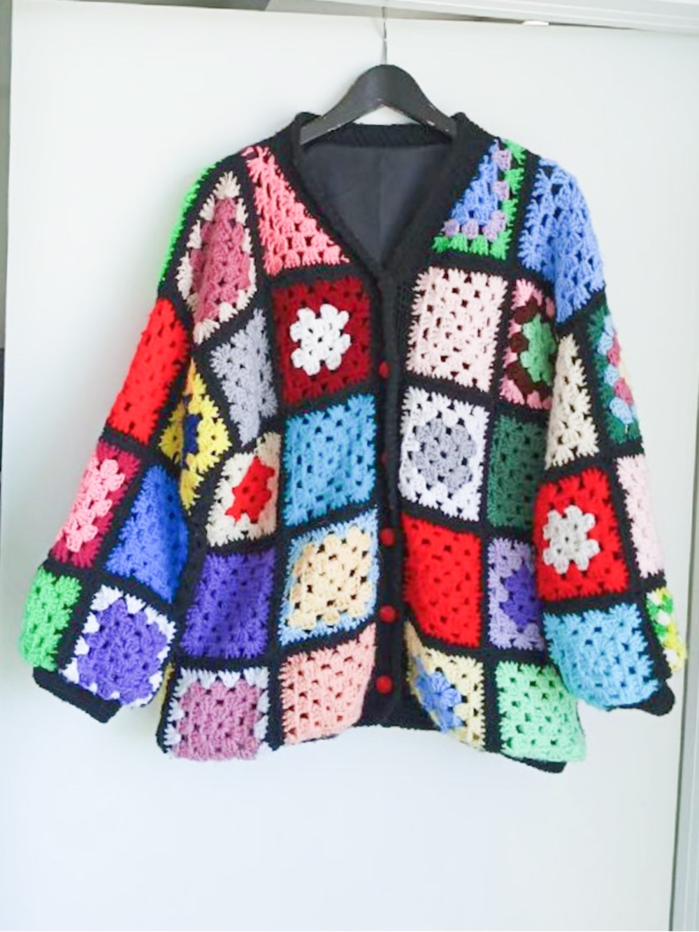Vintage Handmade Granny Square Crochet Cardigan Lined Patchwork Sweater Jacket
